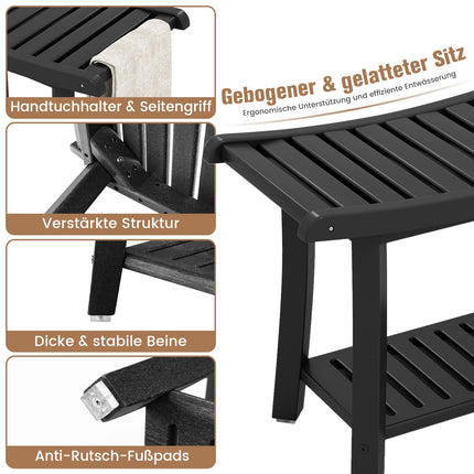 Wasserdichte Duschbank, gebogene Sitzfläche, Schwarz, 2-stufige Ablage