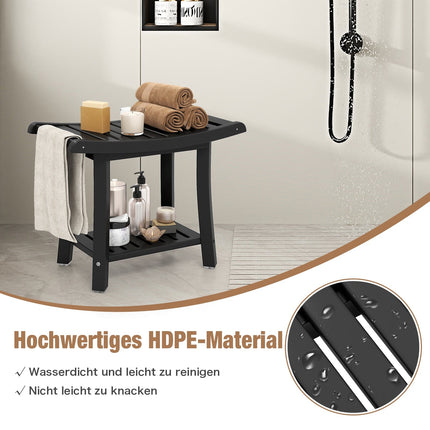 Wasserdichte Duschbank, gebogene Sitzfläche, Schwarz, 2-stufige Ablage