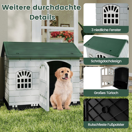 Wetterfeste Hundehütte aus Kunststoff mit abschließbarer Tür