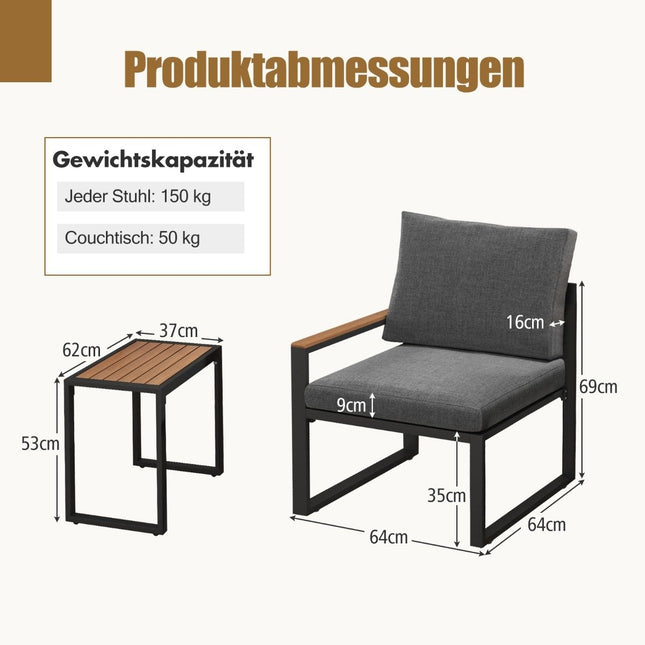 Wetterfestes Gartenmöbel-Set mit Aluminiumrahmen und weichen Kissen. Balkonset mit 2 Stühlen und Tisch