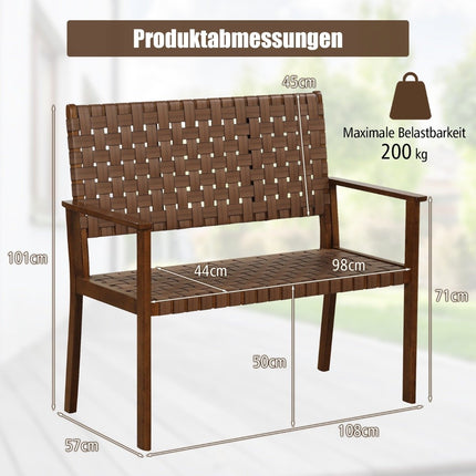 Weerbestendige houten tuinbank met rugleuning en armleuningen en handgevlochten kunstleren parkbank