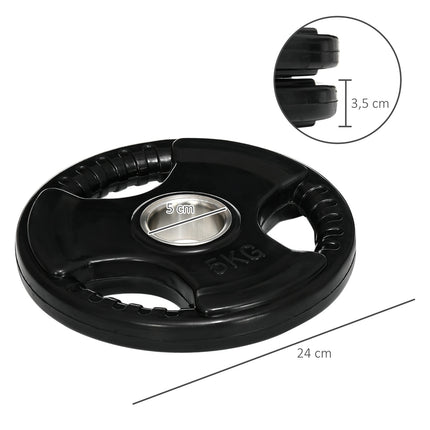 A pair of 5kg rubber Olympic Tri-Grip weight plates