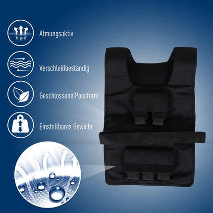 Gilet lesté 20 kg, gilet d'entraînement réglable pour la musculation et le fitness, matière Oxford, noir 36 x 52 cm