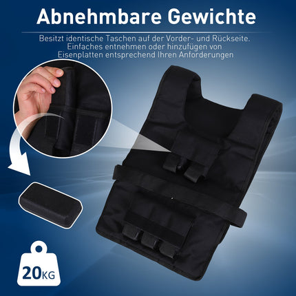Gilet lesté 20 kg, gilet d'entraînement réglable pour la musculation et le fitness, matière Oxford, noir 36 x 52 cm