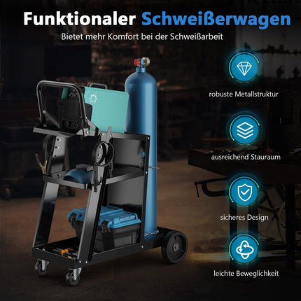 Svářečský vozík se 3 policemi a bezpečnostními řetězy, černý