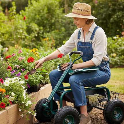 Gartensitz auf Rollen mit Stauraum und verstellbarer Höhe