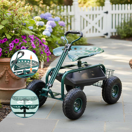 Gartensitz auf Rollen mit Stauraum und verstellbarer Höhe