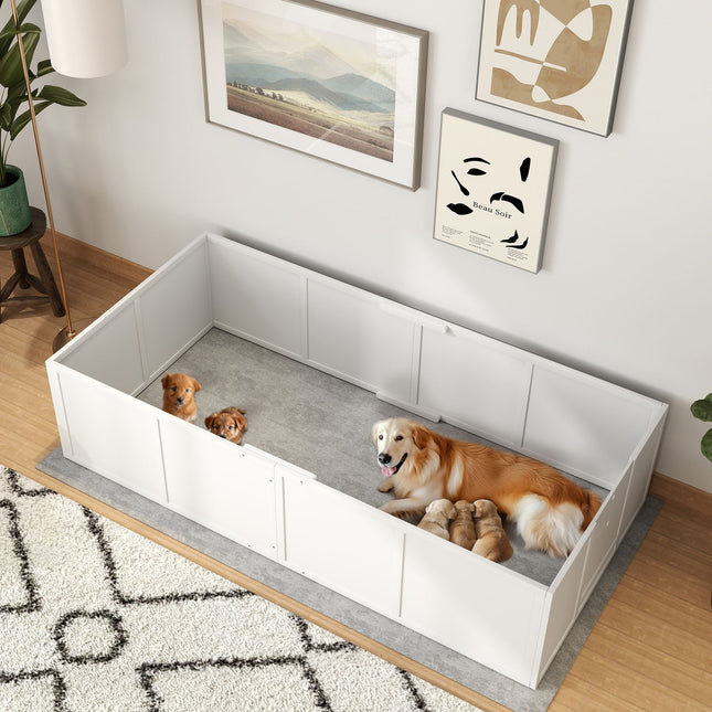 Box de mise bas pour chiots, enclos pour chiots avec entrées réglables, parc antidérapant pour chiots de petite à grande taille, 196 x 96 x 48 cm, bois de sapin, blanc