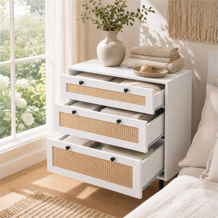 White 3-Drawer Rattan Dresser with Metal Legs for Bedroom