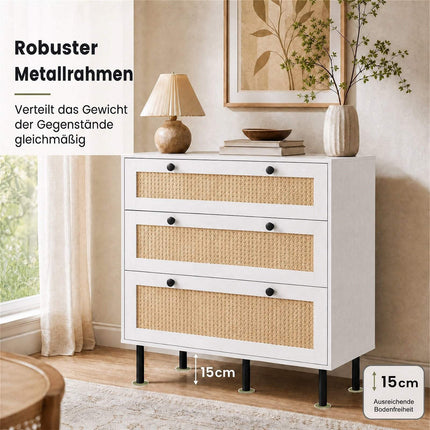 White 3-Drawer Rattan Dresser with Metal Legs for Bedroom