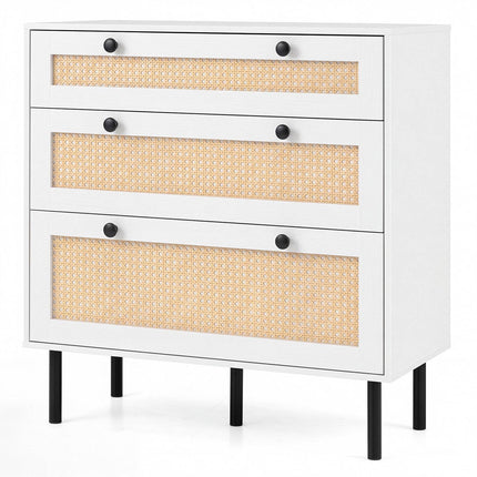 White 3-Drawer Rattan Dresser with Metal Legs for Bedroom