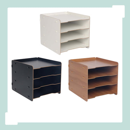 White 4-Compartment MDF File Tray – Wood-Effect Desk Organizer