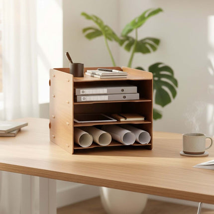 White 4-Compartment MDF File Tray – Wood-Effect Desk Organizer