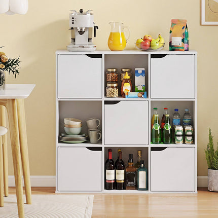 White 9-Cube Bookshelf with 5 Doors and Anti-Tip Device