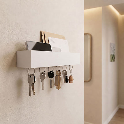 White Bamboo-Iron Key Rack with 6 Hooks and Shelf