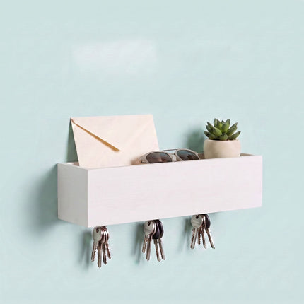 White Bamboo-Iron Key Rack with 6 Hooks and Shelf