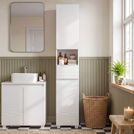 White Bathroom Cabinet with Adjustable Shelves, 30x30x170 cm