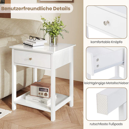 White Bedside Tables Set of 2 with Drawer & Shelf