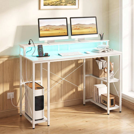 White Computer Desk with LED Lights & Charging Ports