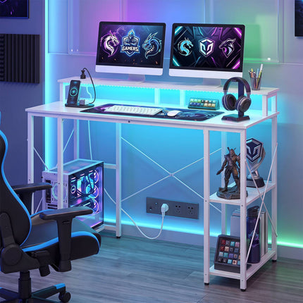 White Computer Desk with LED Lights & Charging Ports