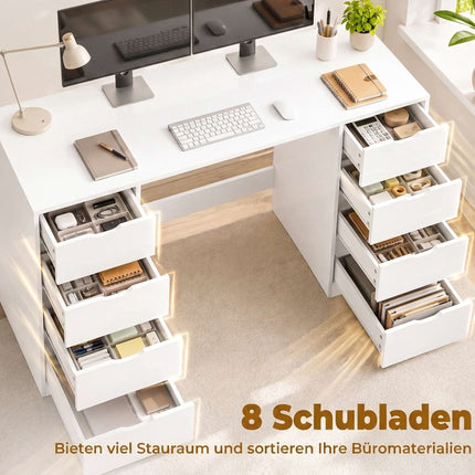 White Desk with 8 Drawers, 140 cm – Modern Office Storage