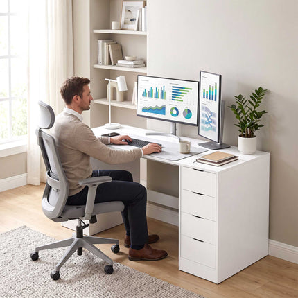 White Desk with 8 Drawers, 140 cm – Modern Office Storage