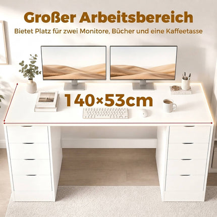 White Desk with 8 Drawers, 140 cm – Modern Office Storage
