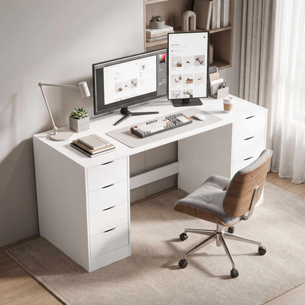 White Desk with 8 Drawers, 140 cm – Modern Office Storage