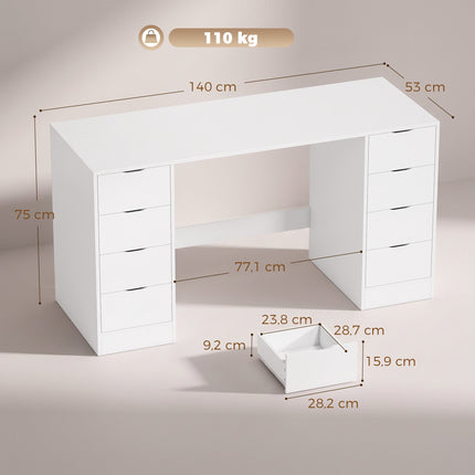 White Desk with 8 Drawers, 140 cm – Modern Office Storage