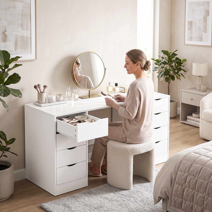 White Desk with 8 Drawers, 140 cm – Modern Office Storage