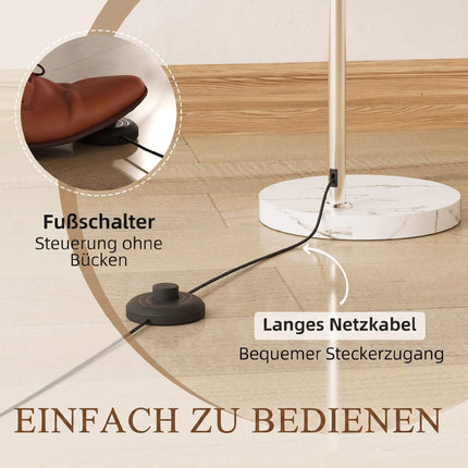 White Floor Lamp, Curved Head, Marble Base, Foot Switch