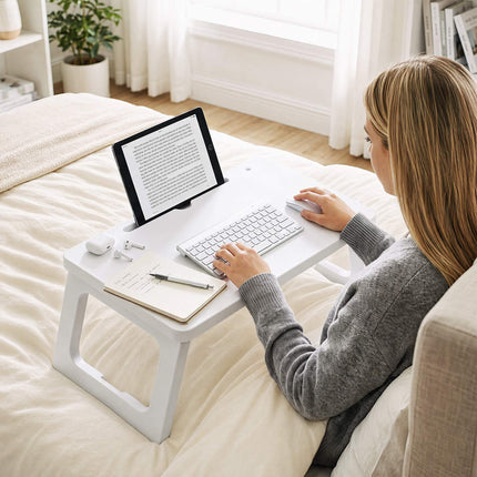 White Folding Bed Tray with Tablet Slot – 59.5 x 39.5 cm