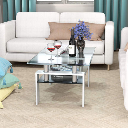 Witte glazen salontafel met plank – 99 x 60 x 44,5 cm