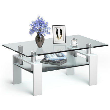 Witte glazen salontafel met plank – 99 x 60 x 44,5 cm