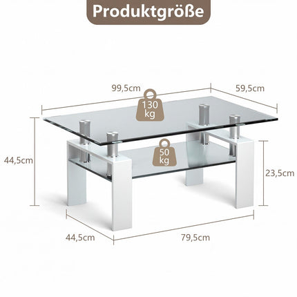 Witte glazen salontafel met plank – 99 x 60 x 44,5 cm