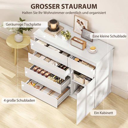 Weißes Hochglanz-Sideboard mit 5 Schubladen und verstellbarem Einlegeboden