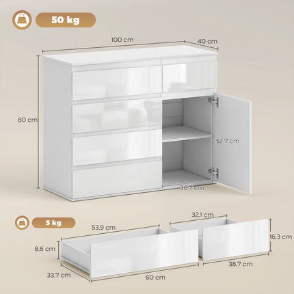 Weißes Hochglanz-Sideboard mit 5 Schubladen und verstellbarem Einlegeboden