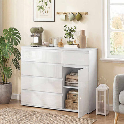 Weißes Hochglanz-Sideboard mit 5 Schubladen und verstellbarem Einlegeboden