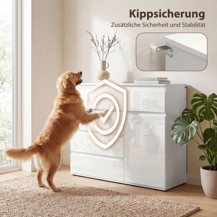 Weißes Hochglanz-Sideboard mit 5 Schubladen und verstellbarem Einlegeboden