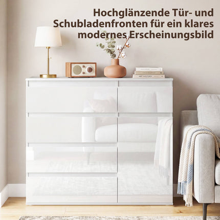 Weißes Hochglanz-Sideboard mit 5 Schubladen und verstellbarem Einlegeboden