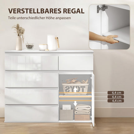 Weißes Hochglanz-Sideboard mit 5 Schubladen und verstellbarem Einlegeboden