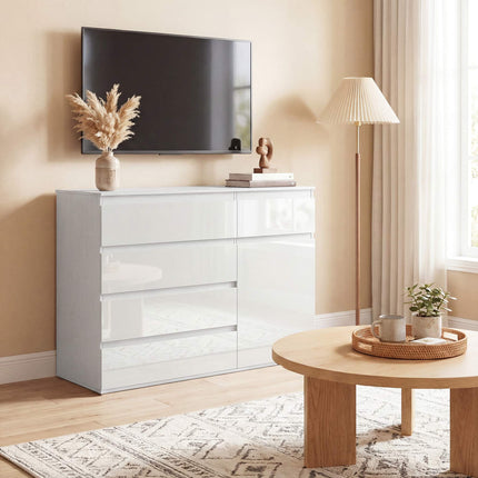 Weißes Hochglanz-Sideboard mit 5 Schubladen und verstellbarem Einlegeboden