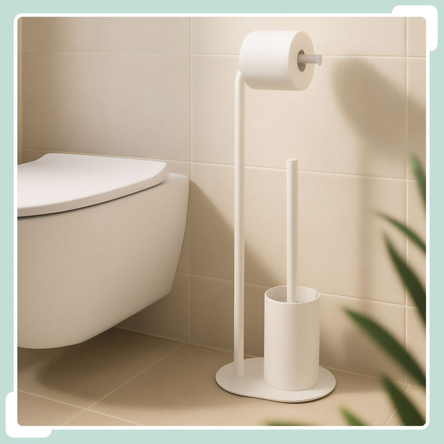 White Metal Toilet Paper Holder and Brush Set