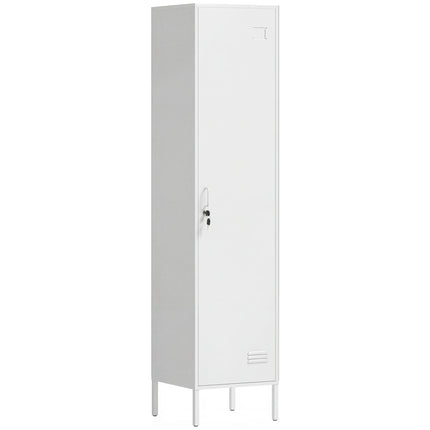 White Metal Wardrobe with Lockable Door and Clothes Rail