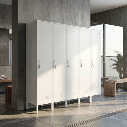 White Metal Wardrobe with Lockable Door and Clothes Rail