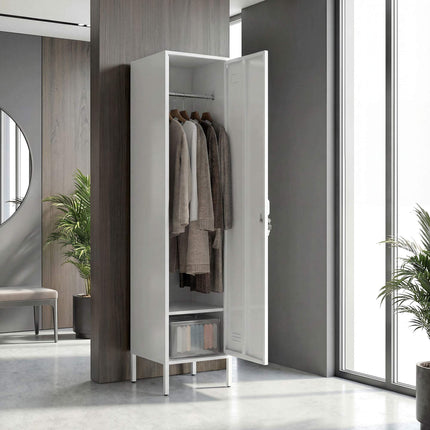 White Metal Wardrobe with Lockable Door and Clothes Rail