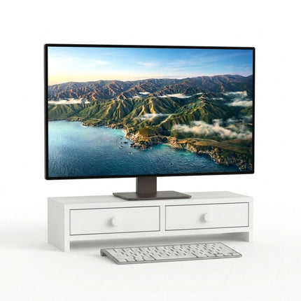 White Monitor Riser with 2 Drawers, MDF Material