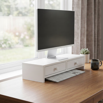 White Monitor Riser with 2 Drawers, MDF Material