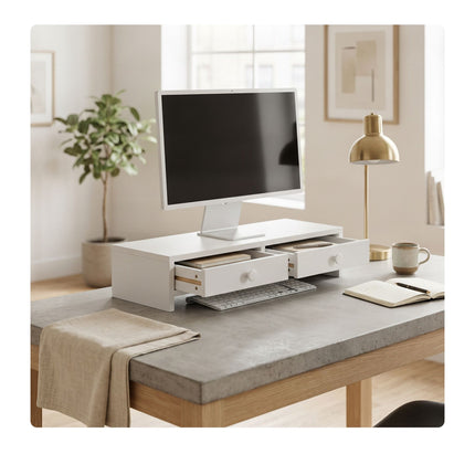 White Monitor Riser with 2 Drawers, MDF Material
