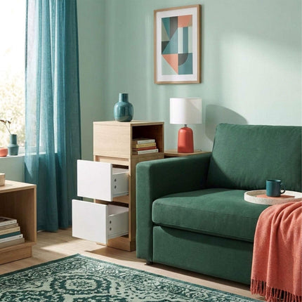 White Narrow Bedside Table with Drawers – 64x24x30 cm